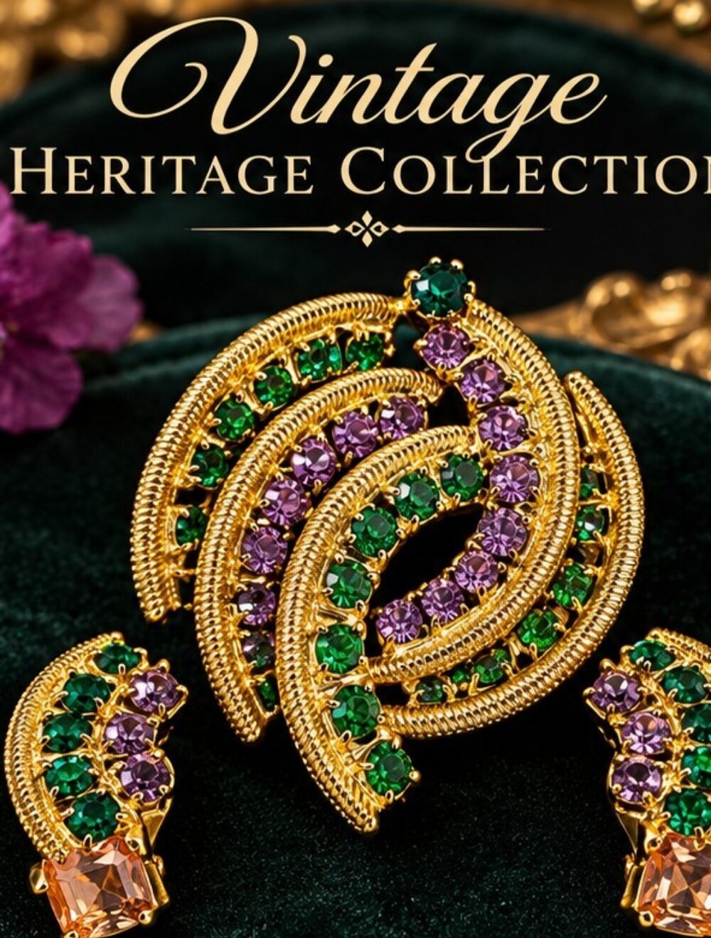 Vintage Green Purple Rhinestone Brooch Clip Earrings Set Gold Tone Demi Parure